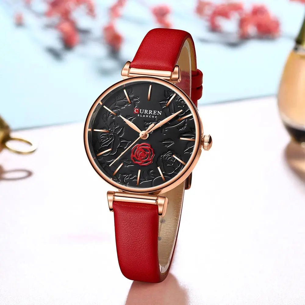 C-9078L Curren Black Dial Red Leather Strap Analog Quartz Women's Watch. - Timecheck