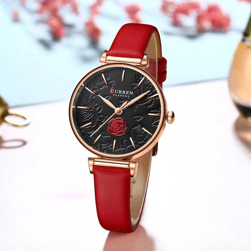 C-9078L Curren Black Dial Red Leather Strap Analog Quartz Women's Watch. - Timecheck