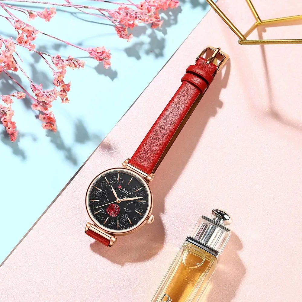 C-9078L Curren Black Dial Red Leather Strap Analog Quartz Women's Watch. - Timecheck