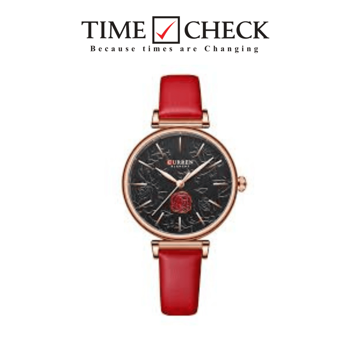 C-9078L Curren Black Dial Red Leather Strap Analog Quartz Women's Watch. - Timecheck