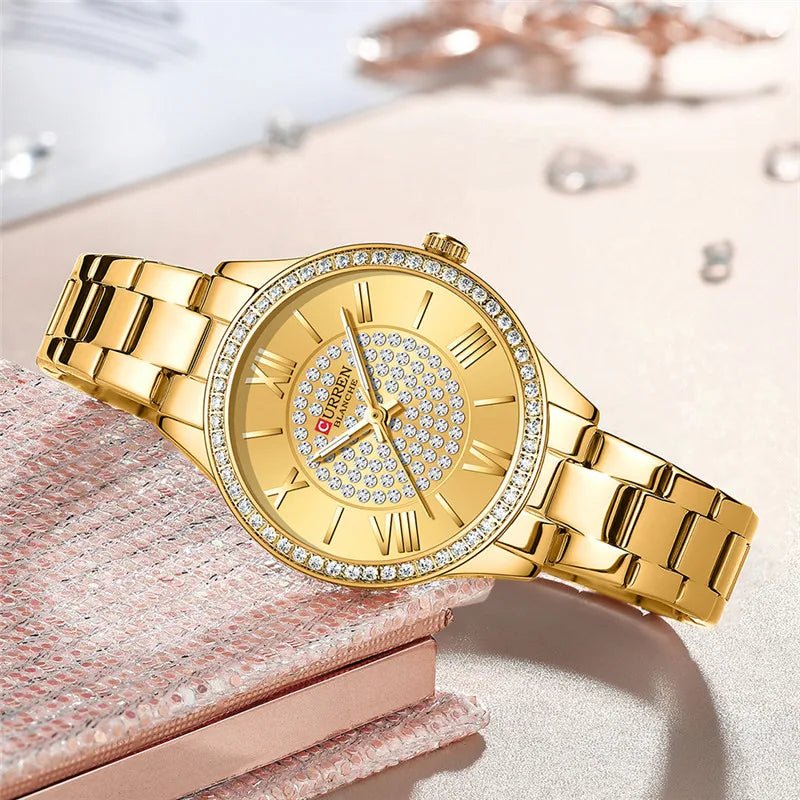 C-9084L Curren Golden Dial Golden Stainless Chain Steel Analog Quartz Women's Watch. - Timecheck