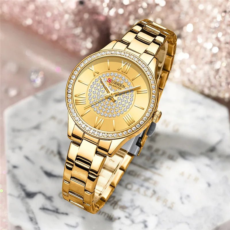 C-9084L Curren Golden Dial Golden Stainless Chain Steel Analog Quartz Women's Watch. - Timecheck