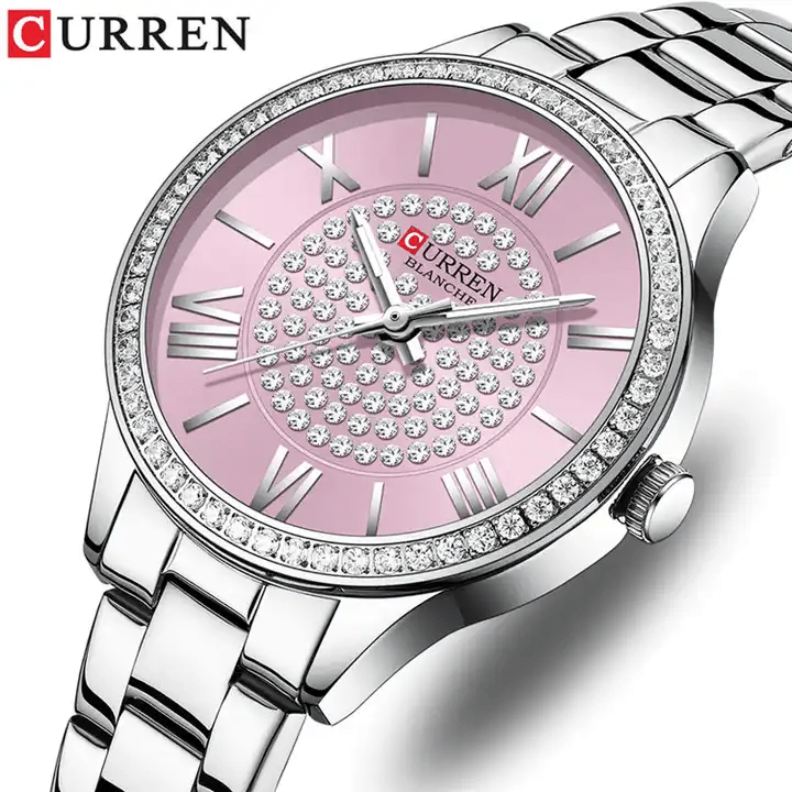 C-9084L Curren Pink Dial Silver Stainless Chain Steel Analog Quartz Women's Watch. - Timecheck