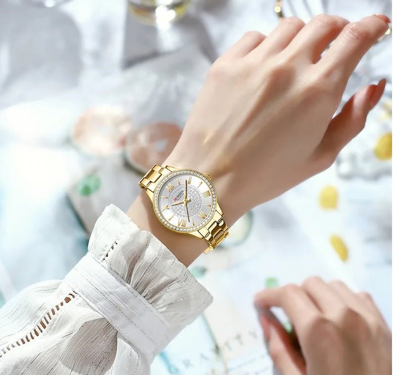 C-9084L Curren SILVER Dial Golden Stainless Chain Steel Analog Quartz Women's Watch. - Timecheck