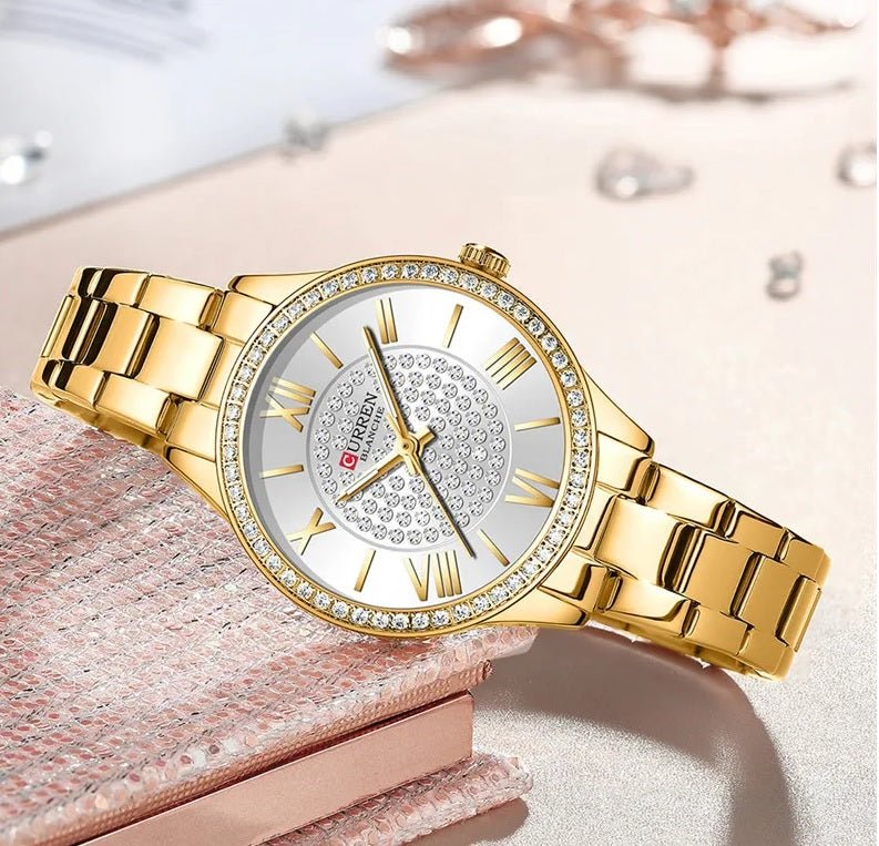 C-9084L Curren SILVER Dial Golden Stainless Chain Steel Analog Quartz Women's Watch. - Timecheck