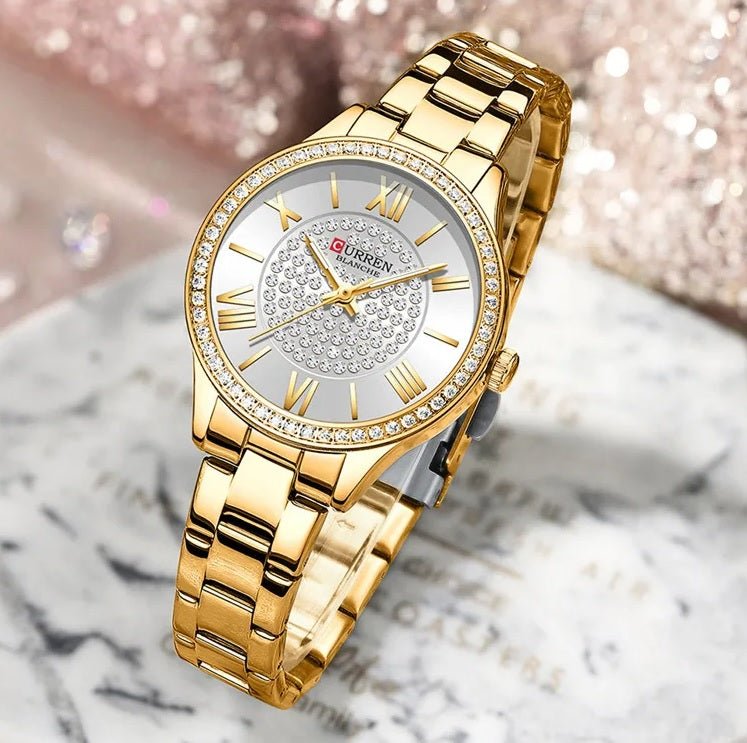 C-9084L Curren SILVER Dial Golden Stainless Chain Steel Analog Quartz Women's Watch. - Timecheck