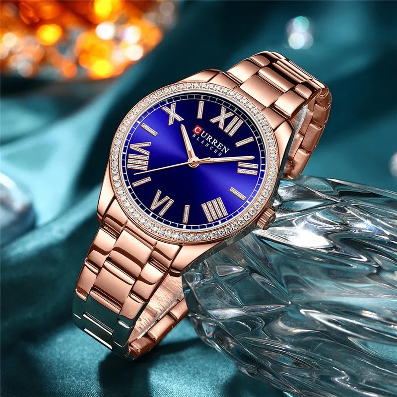 C-9088L Blue Dial Rose Gold Stainless Steel Chain Analog Quartz Women's Watch. - Timecheck