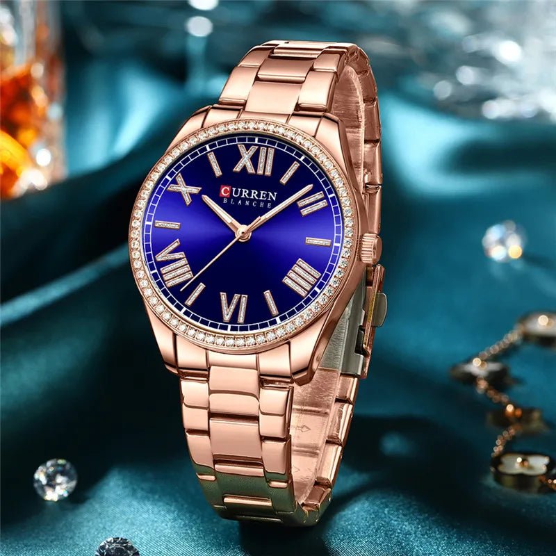 C-9088L Blue Dial Rose Gold Stainless Steel Chain Analog Quartz Women's Watch. - Timecheck