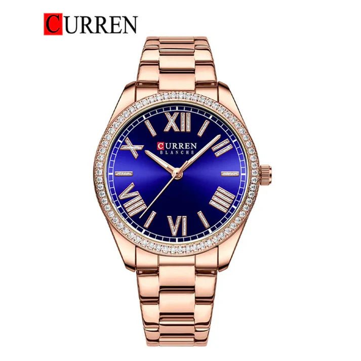 C-9088L Blue Dial Rose Gold Stainless Steel Chain Analog Quartz Women's Watch. - Timecheck