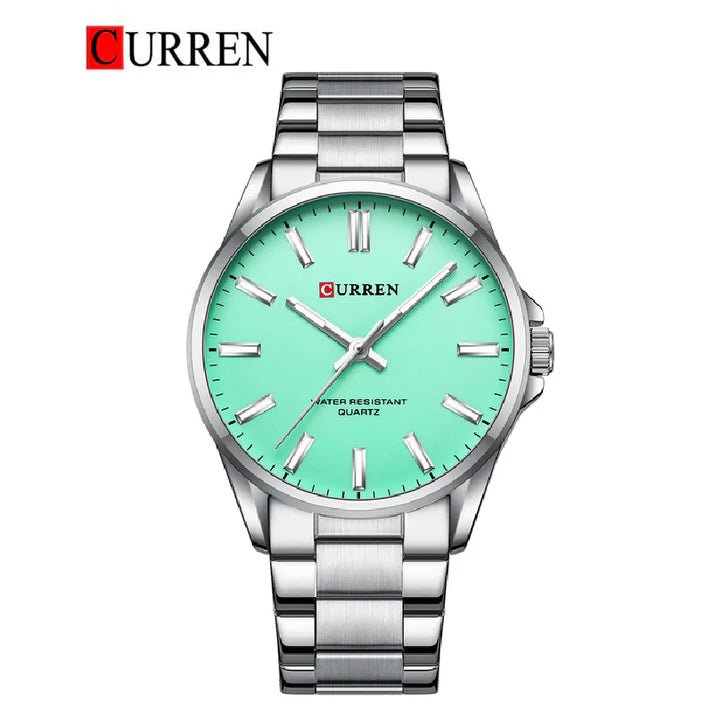 Curren C-9090G men's watch featuring a vibrant sea green analog dial and polished silver stainless steel link bracelet