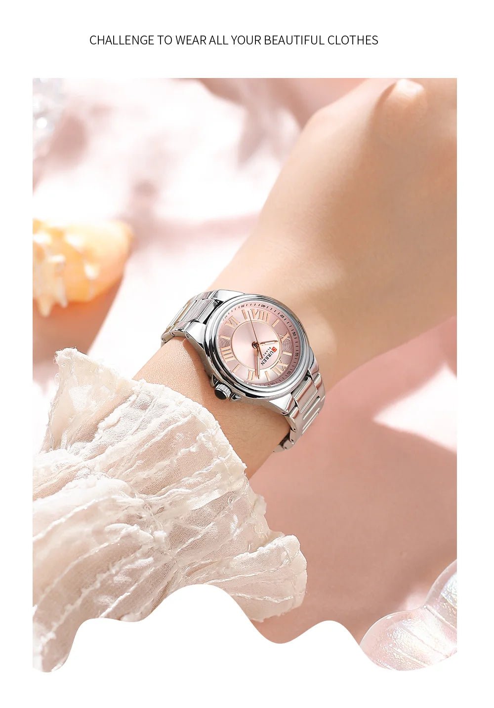 C-9091L Curren pink Dial silver Stainless Steel Analog Quartz Women's Watch. - Timecheck