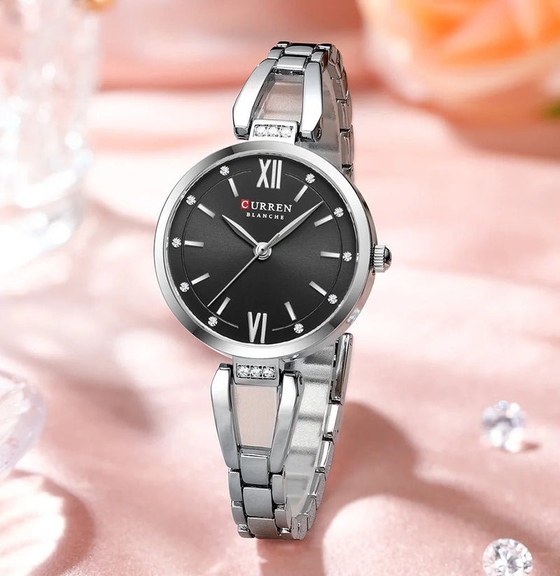 C-9092L Curren Black Dial Silver Stainless Steel Chain Analog Quartz Women's fashion Watch. - Timecheck