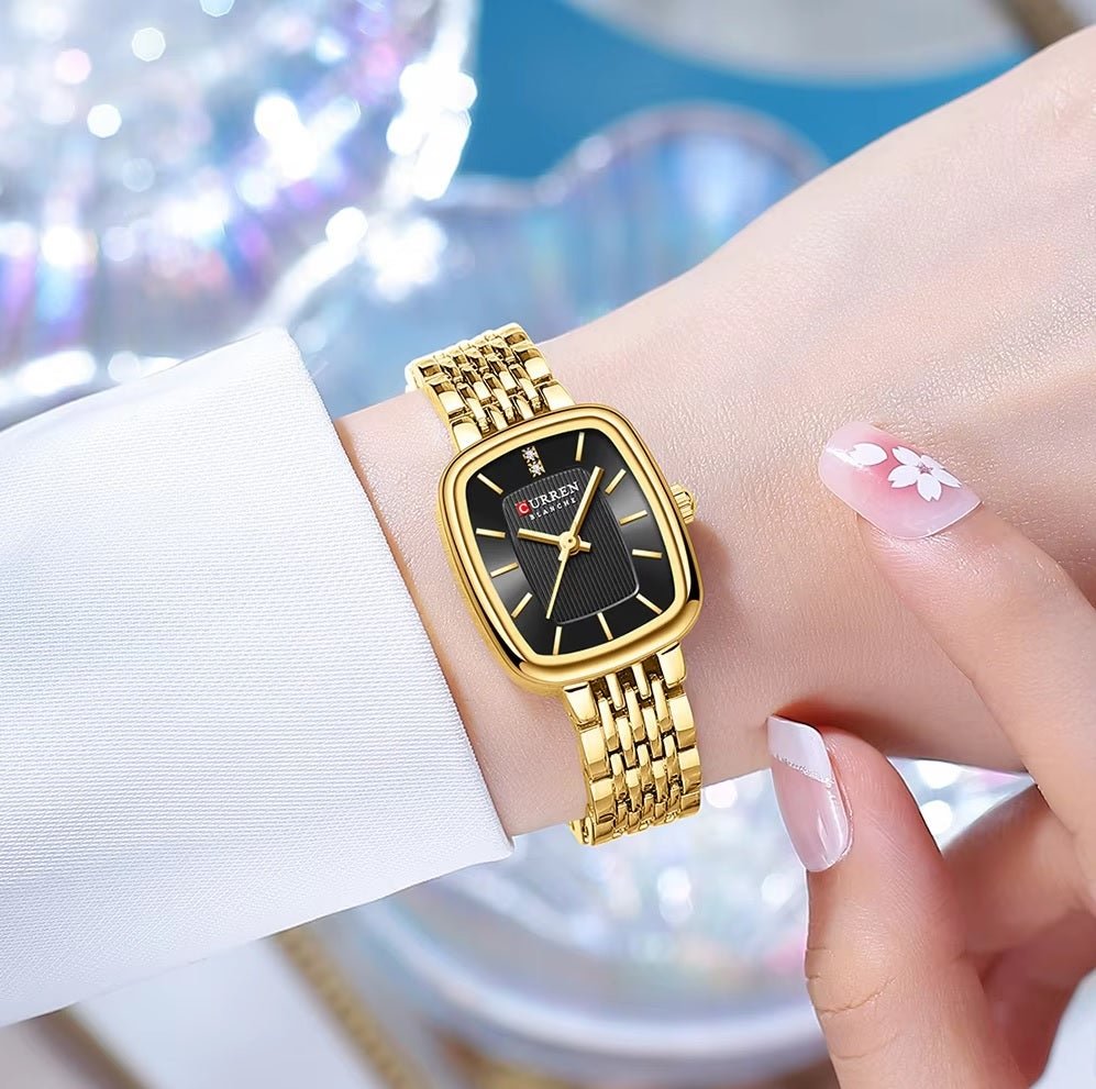 C-9093L Curren Black Dial golden Stainless Chain Steel Analog Quartz Women's Watch. - Timecheck