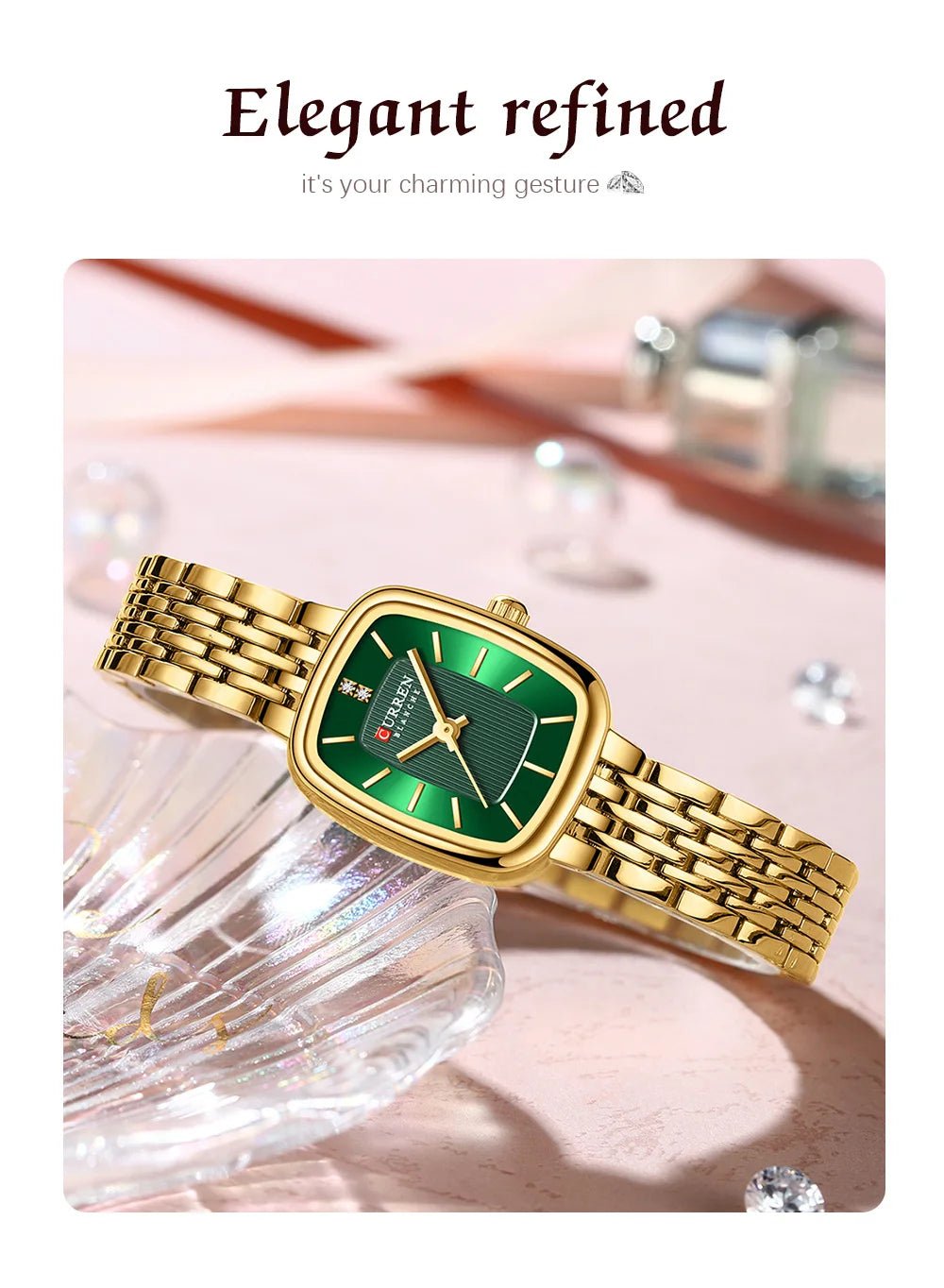 C-9093L Curren green Dial golden Stainless Chain Steel Analog Quartz Women's Watch. - Timecheck