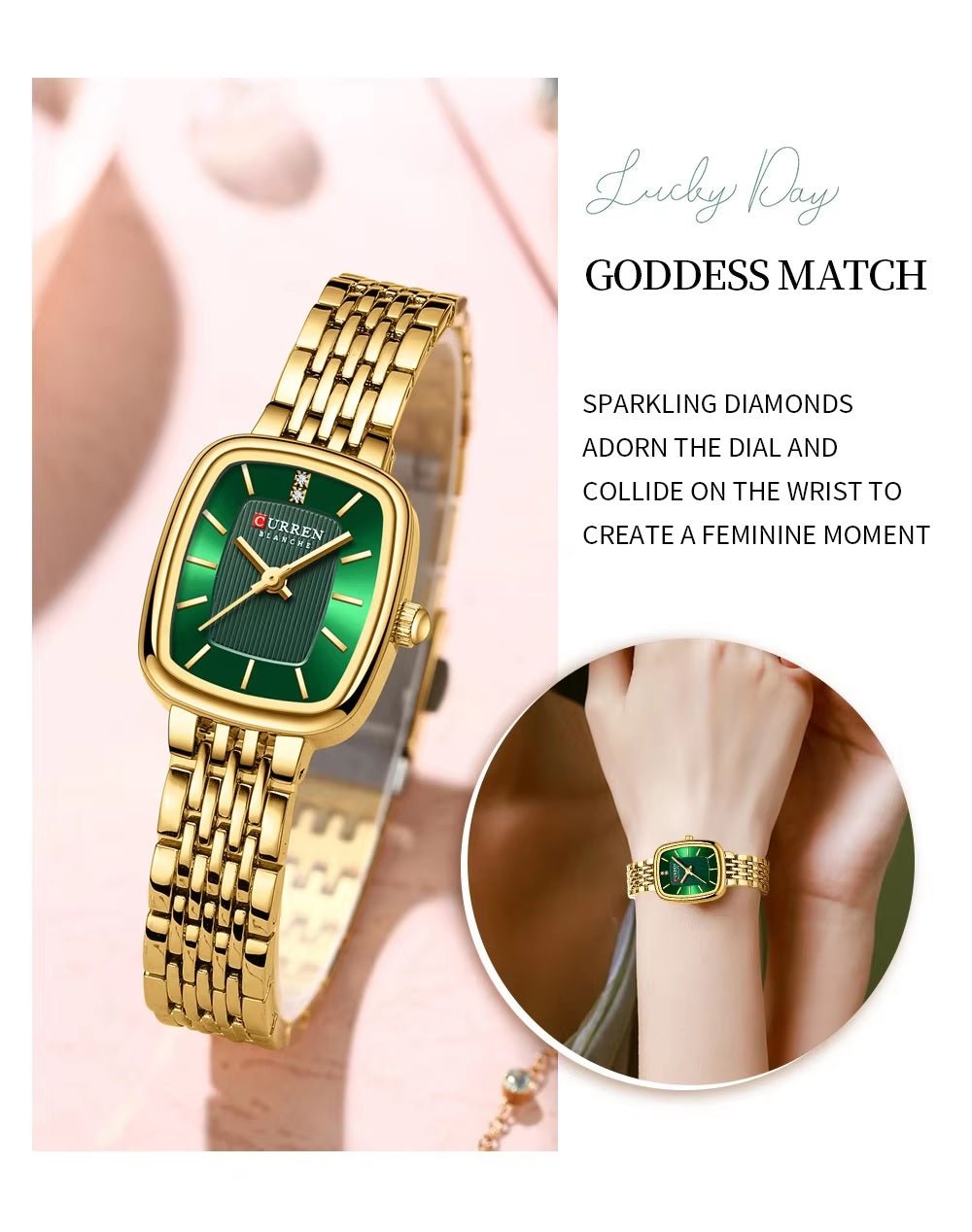 C-9093L Curren green Dial golden Stainless Chain Steel Analog Quartz Women's Watch. - Timecheck