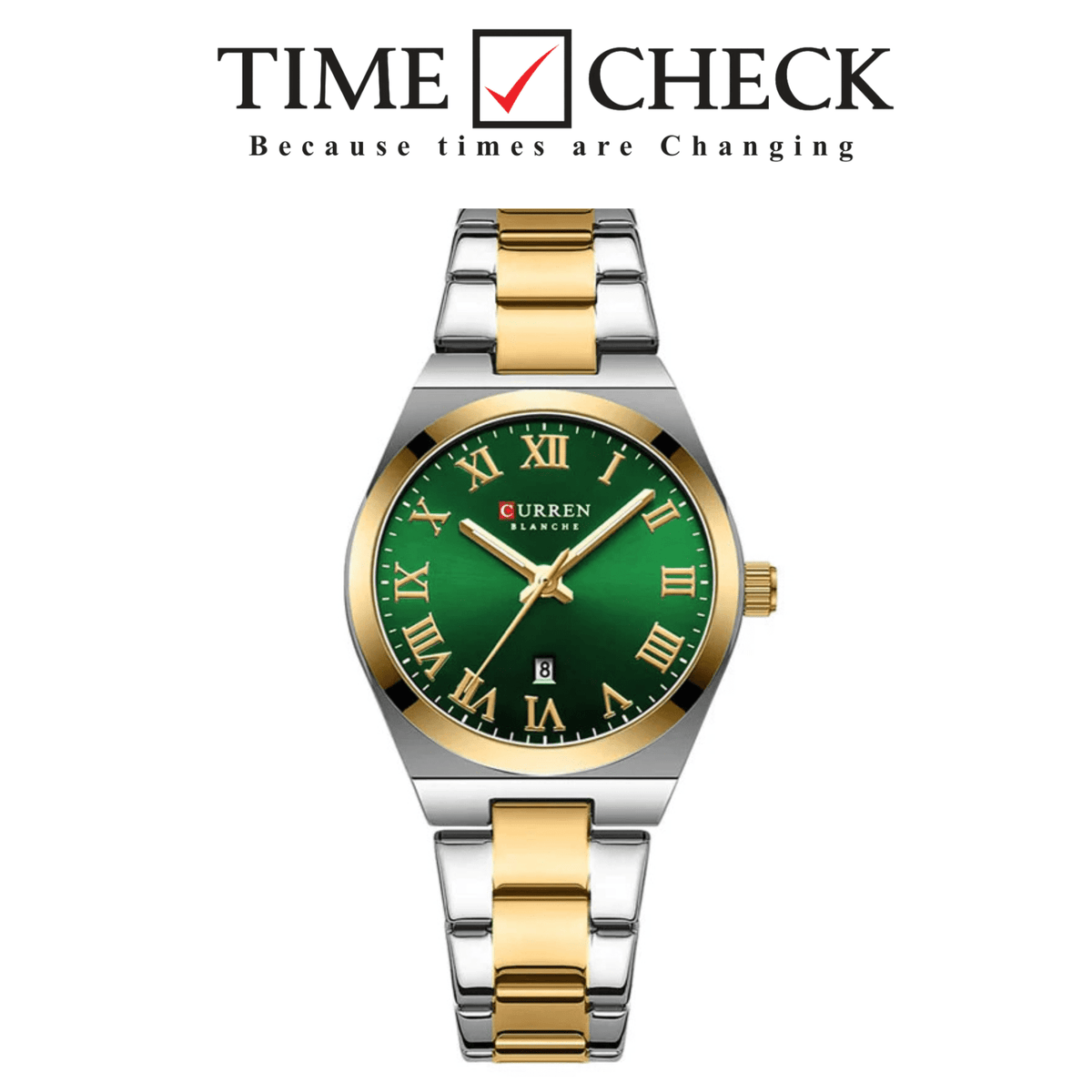 C-9095L Curren Green Dial Silver Gold Stainless Chain Steel Analog Quartz Women's Watch - Timecheck