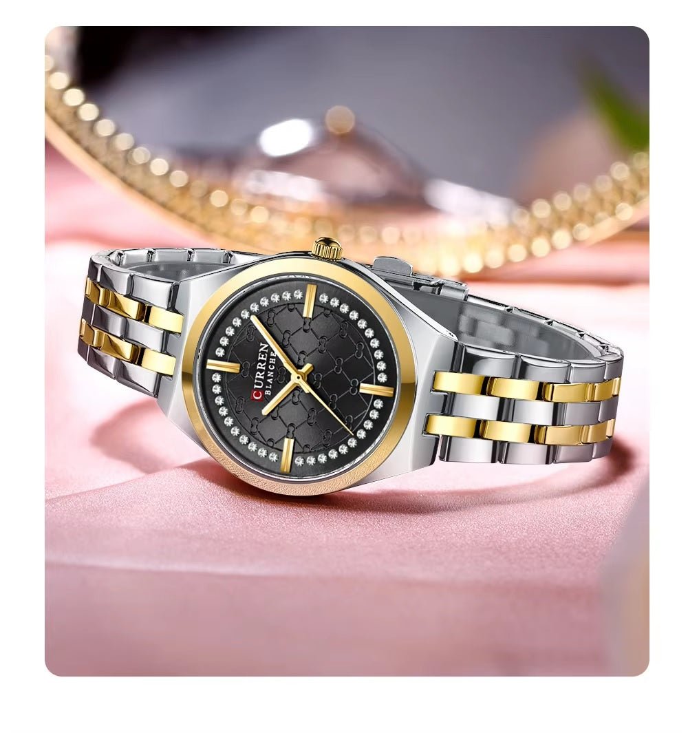 C-9096L Curren BLACK Dial gold silver Stainless Chain Steel Analog Quartz Women's Watch. - Timecheck