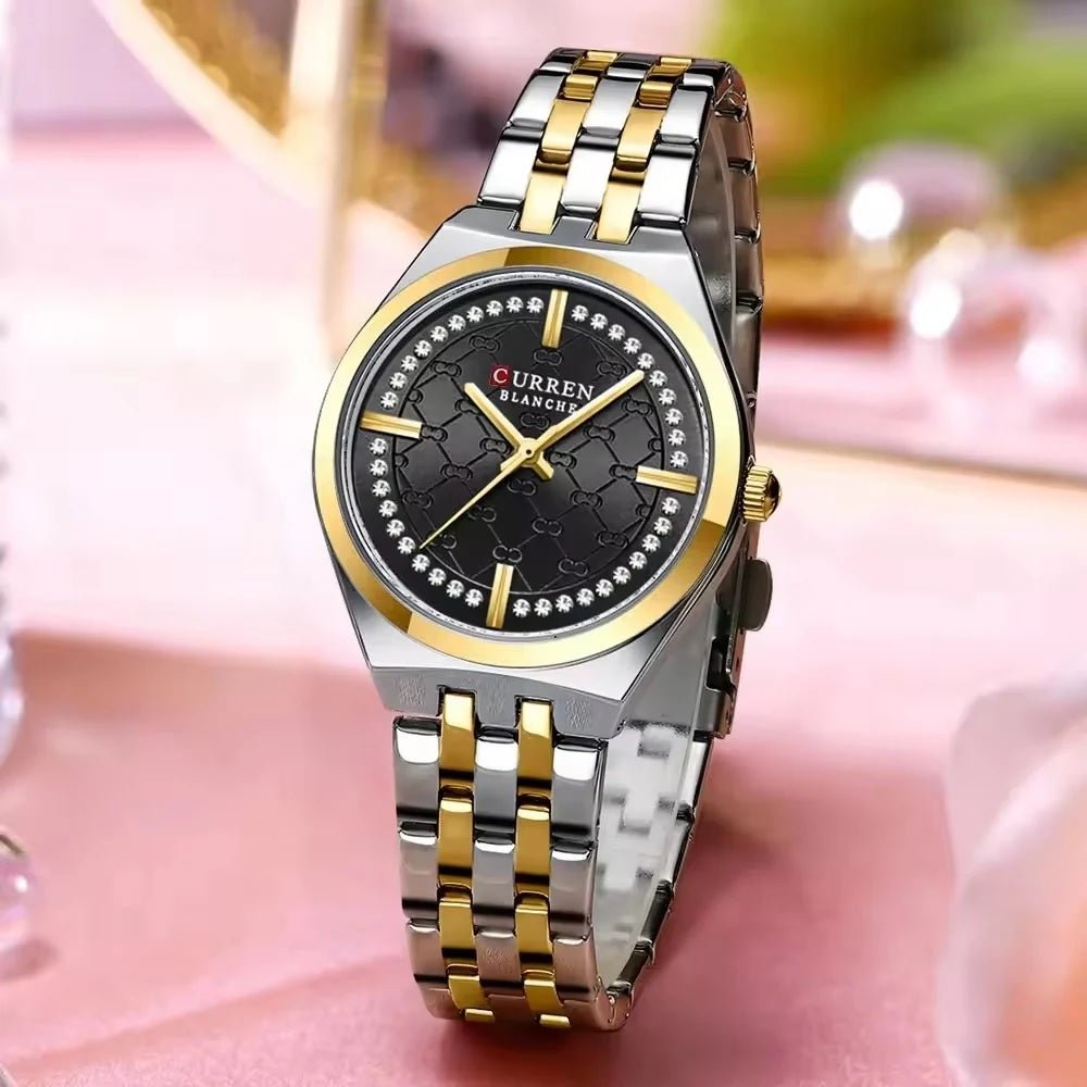 C-9096L Curren BLACK Dial gold silver Stainless Chain Steel Analog Quartz Women's Watch. - Timecheck