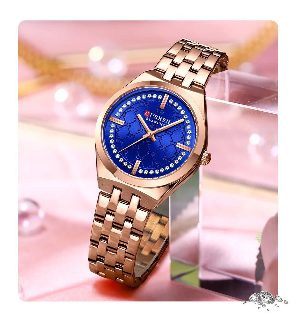 C-9096L Curren Blue Dial ROSE GOLD Stainless Chain Steel Analog Quartz Women's Watch. - Timecheck