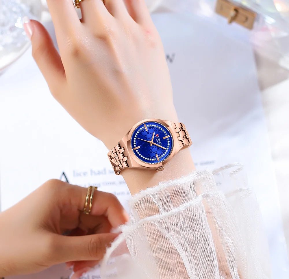 C-9096L Curren Blue Dial ROSE GOLD Stainless Chain Steel Analog Quartz Women's Watch. - Timecheck