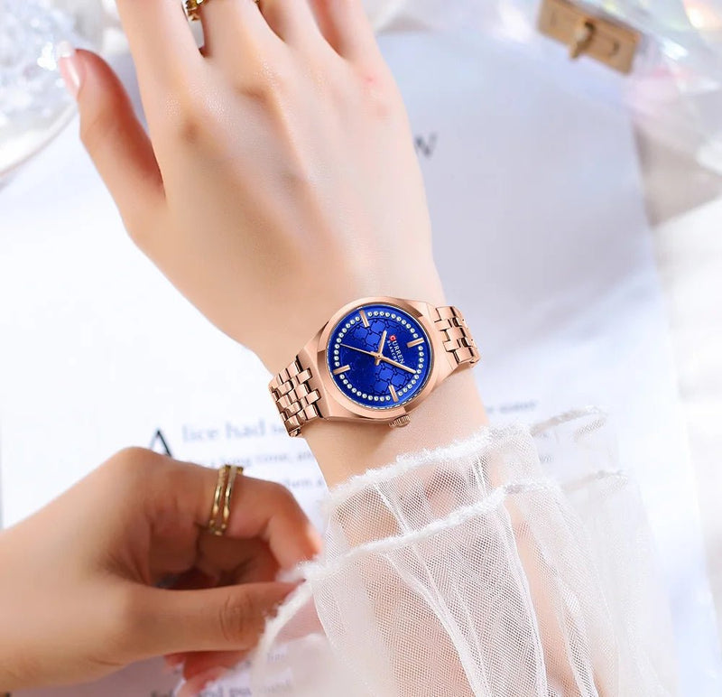 C-9096L Curren Blue Dial ROSE GOLD Stainless Chain Steel Analog Quartz Women's Watch. - Timecheck