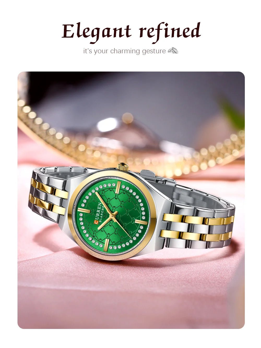 C-9096L Curren green Dial gold silver Stainless Chain Steel Analog Quartz Women's Watch. - Timecheck