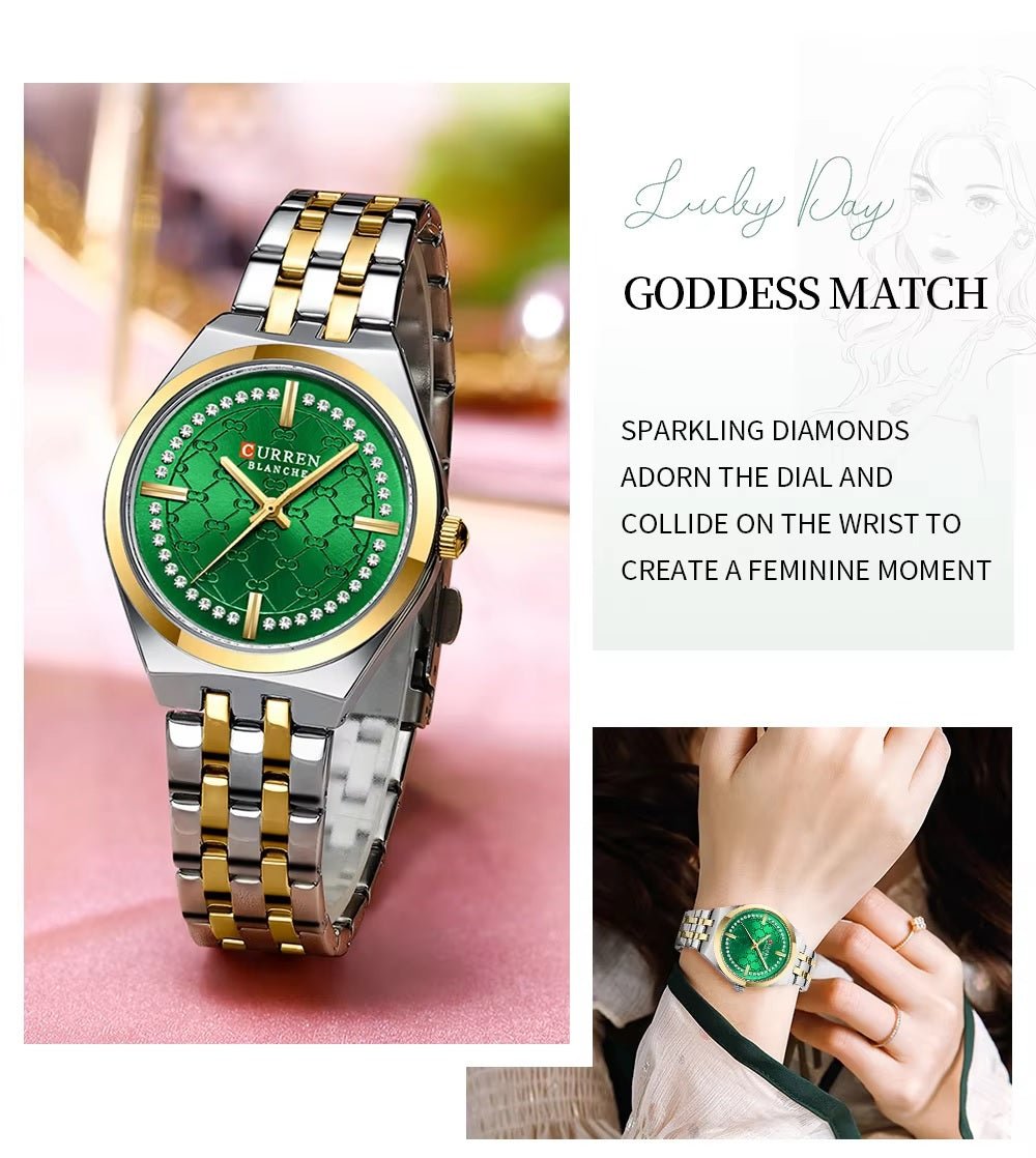 C-9096L Curren green Dial gold silver Stainless Chain Steel Analog Quartz Women's Watch. - Timecheck