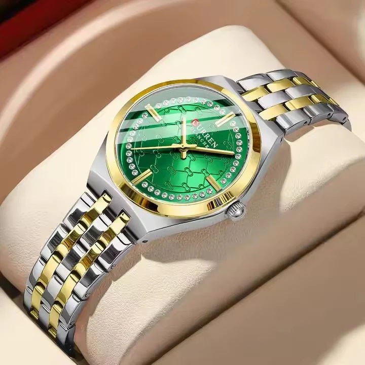 C-9096L Curren green Dial gold silver Stainless Chain Steel Analog Quartz Women's Watch. - Timecheck
