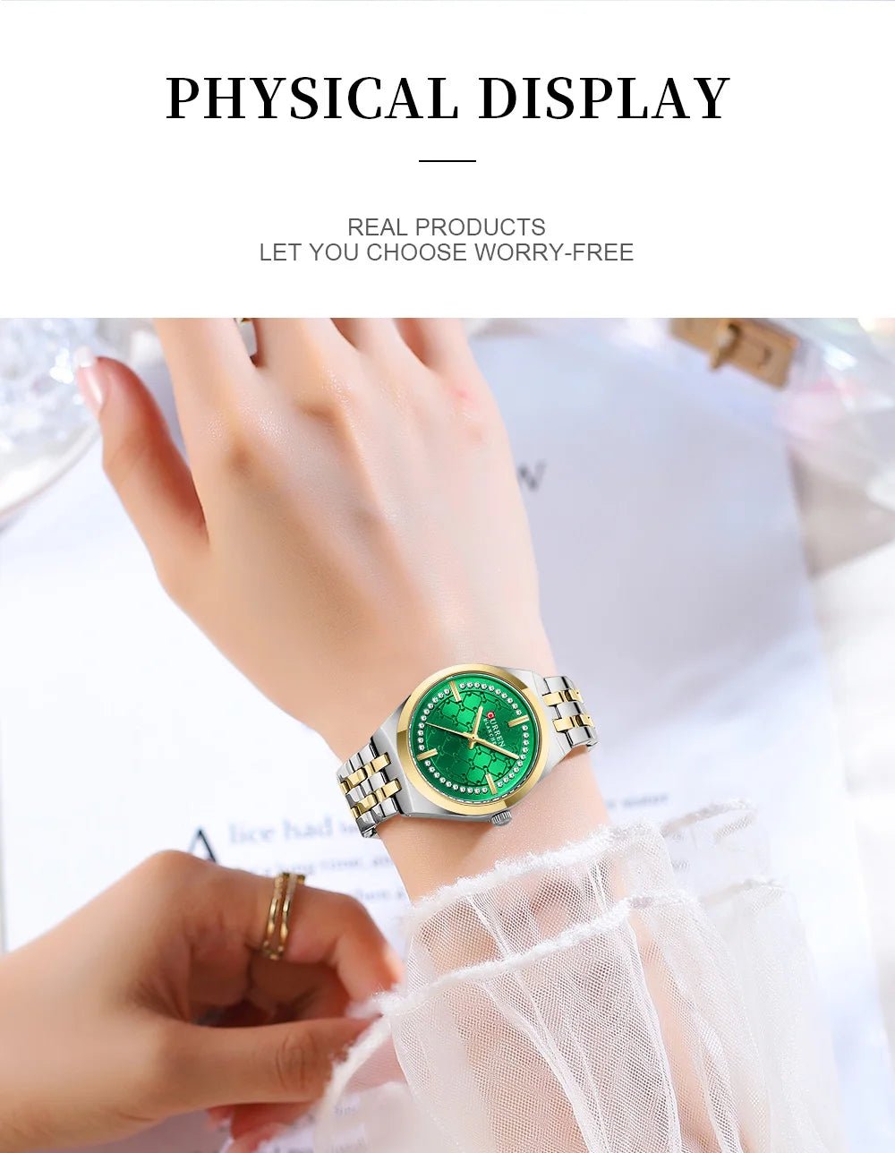 C-9096L Curren green Dial gold silver Stainless Chain Steel Analog Quartz Women's Watch. - Timecheck