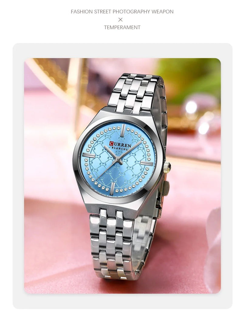 C-9096L Curren SKY BLUE Dial silver Stainless Chain Steel Analog Quartz Women's Watch. - Timecheck