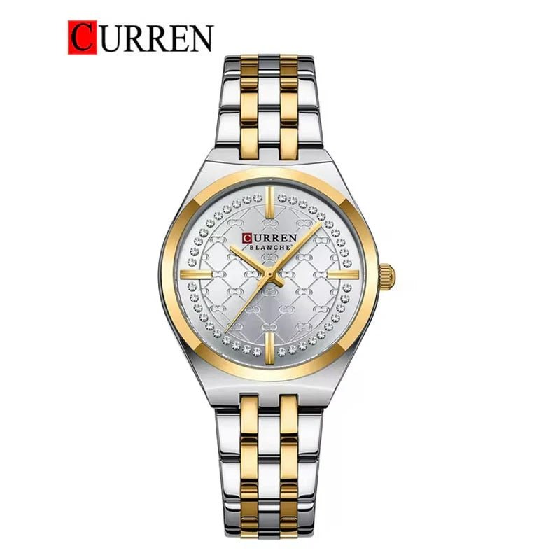 C-9096L Curren white Dial gold silver Stainless Chain Steel Analog Quartz Women's Watch. - Timecheck