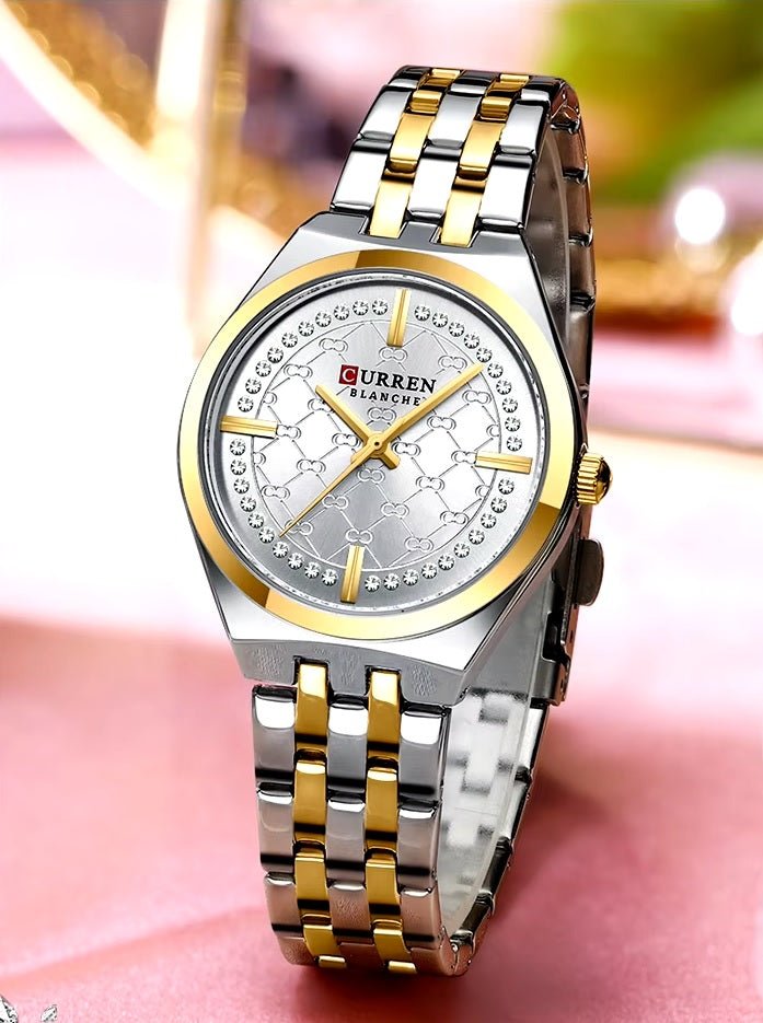 C-9096L Curren white Dial gold silver Stainless Chain Steel Analog Quartz Women's Watch. - Timecheck