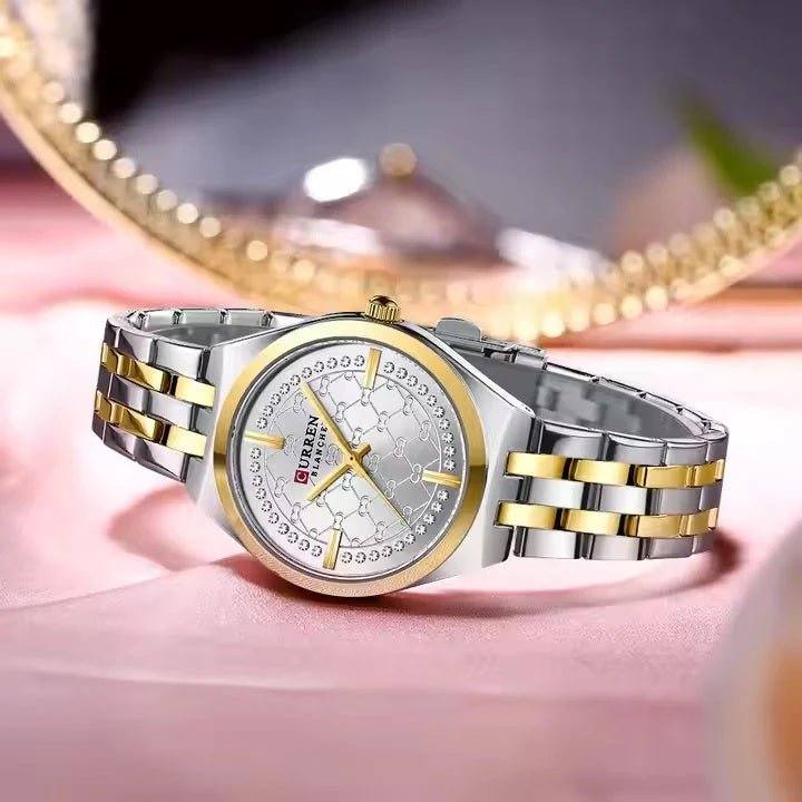 C-9096L Curren white Dial gold silver Stainless Chain Steel Analog Quartz Women's Watch. - Timecheck