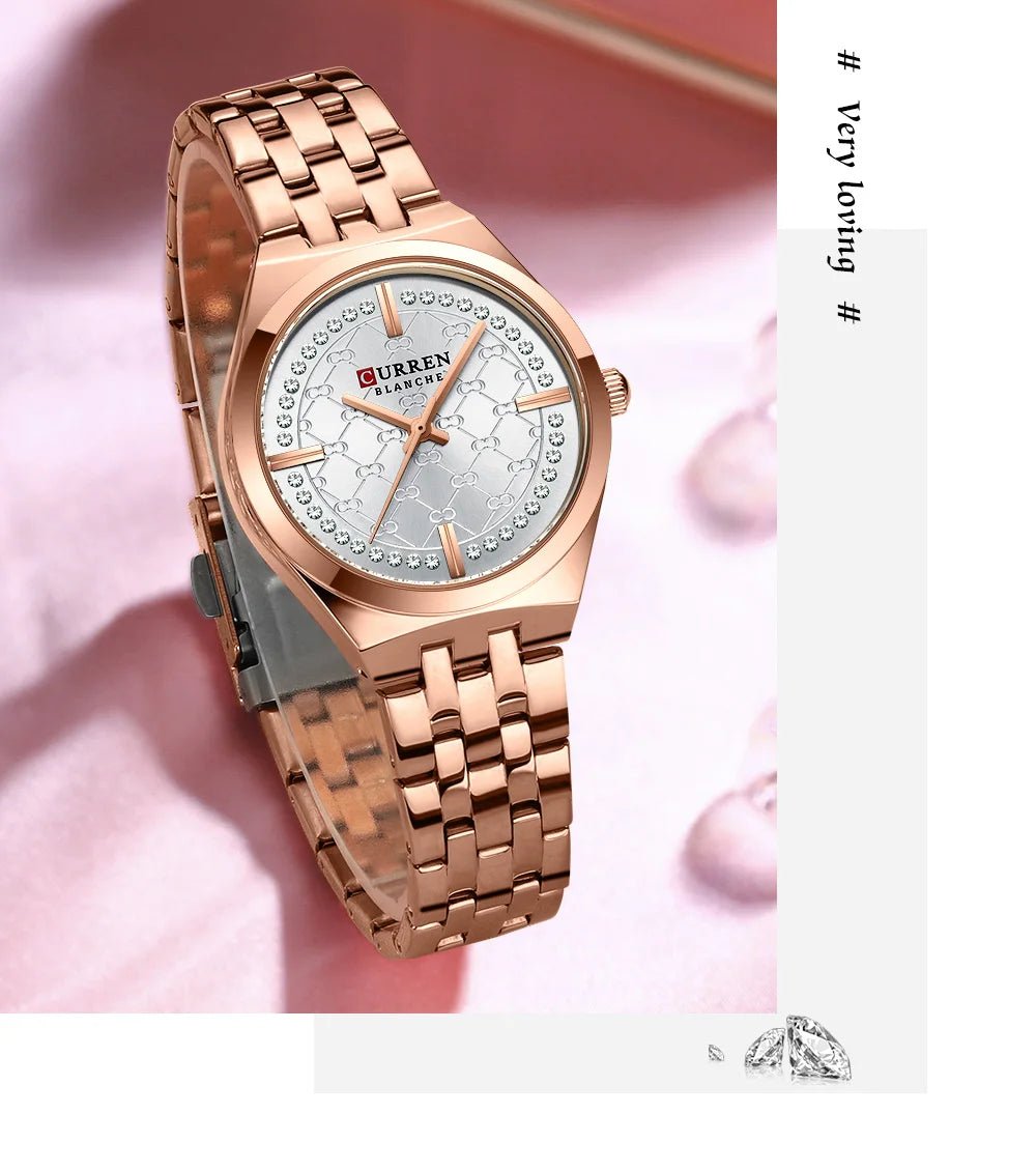 C-9096L Curren white Dial ROSE GOLD Stainless Chain Steel Analog Quartz Women's Watch. - Timecheck