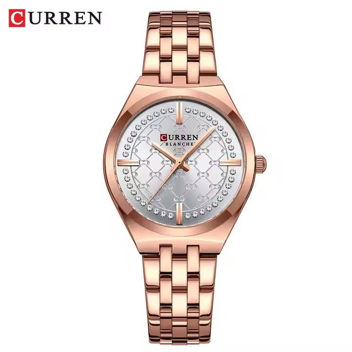 C-9096L Curren white Dial ROSE GOLD Stainless Chain Steel Analog Quartz Women's Watch. - Timecheck