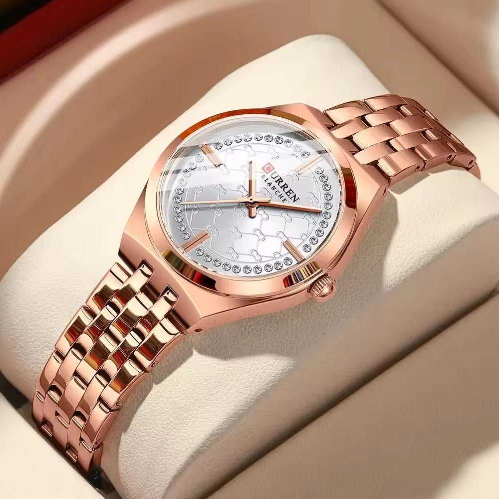 C-9096L Curren white Dial ROSE GOLD Stainless Chain Steel Analog Quartz Women's Watch. - Timecheck