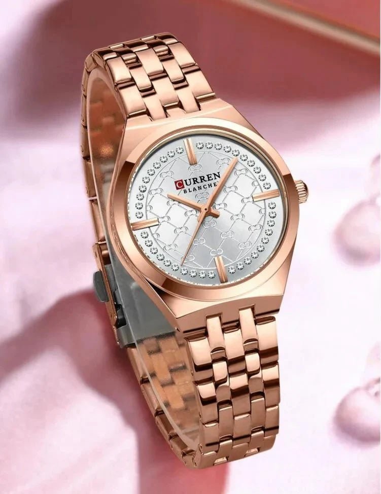 C-9096L Curren white Dial ROSE GOLD Stainless Chain Steel Analog Quartz Women's Watch. - Timecheck