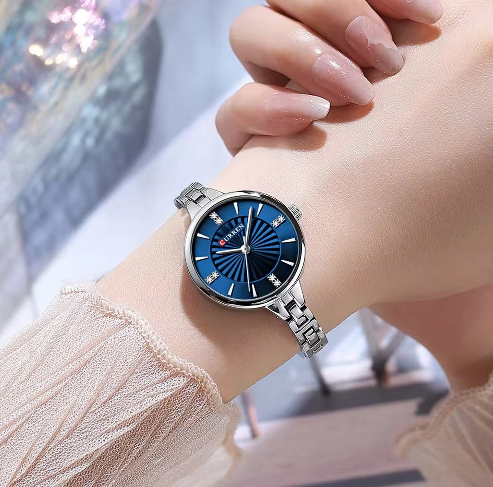 C-9097L Curren BLUE Dial SILVER Stainless Steel Chain Analog Quartz Women's fashion Watch. - Timecheck