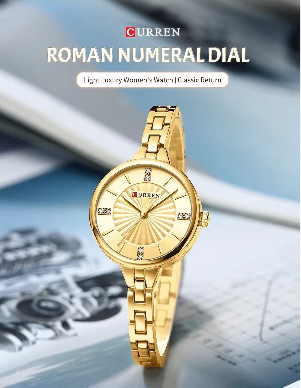 C-9097L Curren GOLDEN Dial GOLDEN Stainless Steel Chain Analog Quartz Women's fashion Watch. - Timecheck