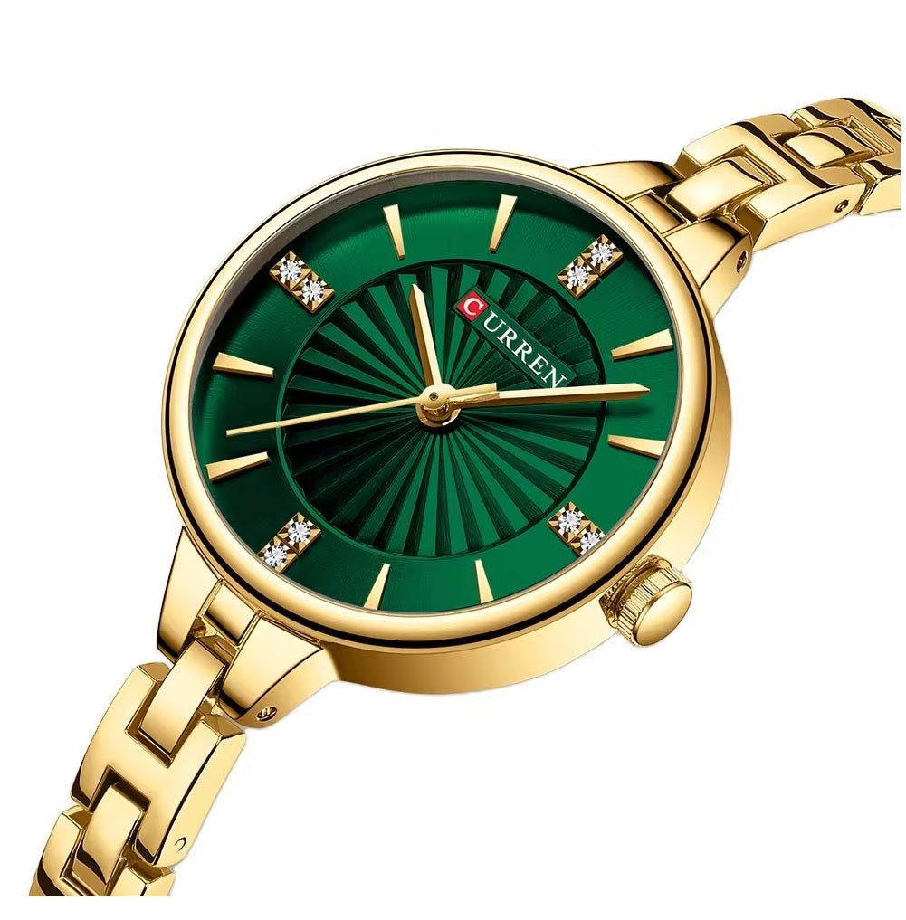 C-9097L Curren GREEN Dial GOLDEN Stainless Steel Chain Analog Quartz Women's fashion Watch. - Timecheck