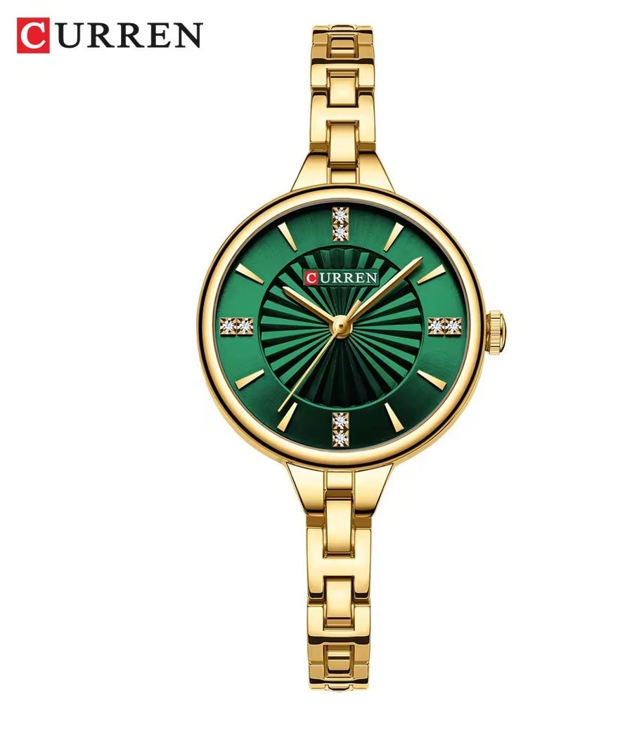 C-9097L Curren GREEN Dial GOLDEN Stainless Steel Chain Analog Quartz Women's fashion Watch. - Timecheck