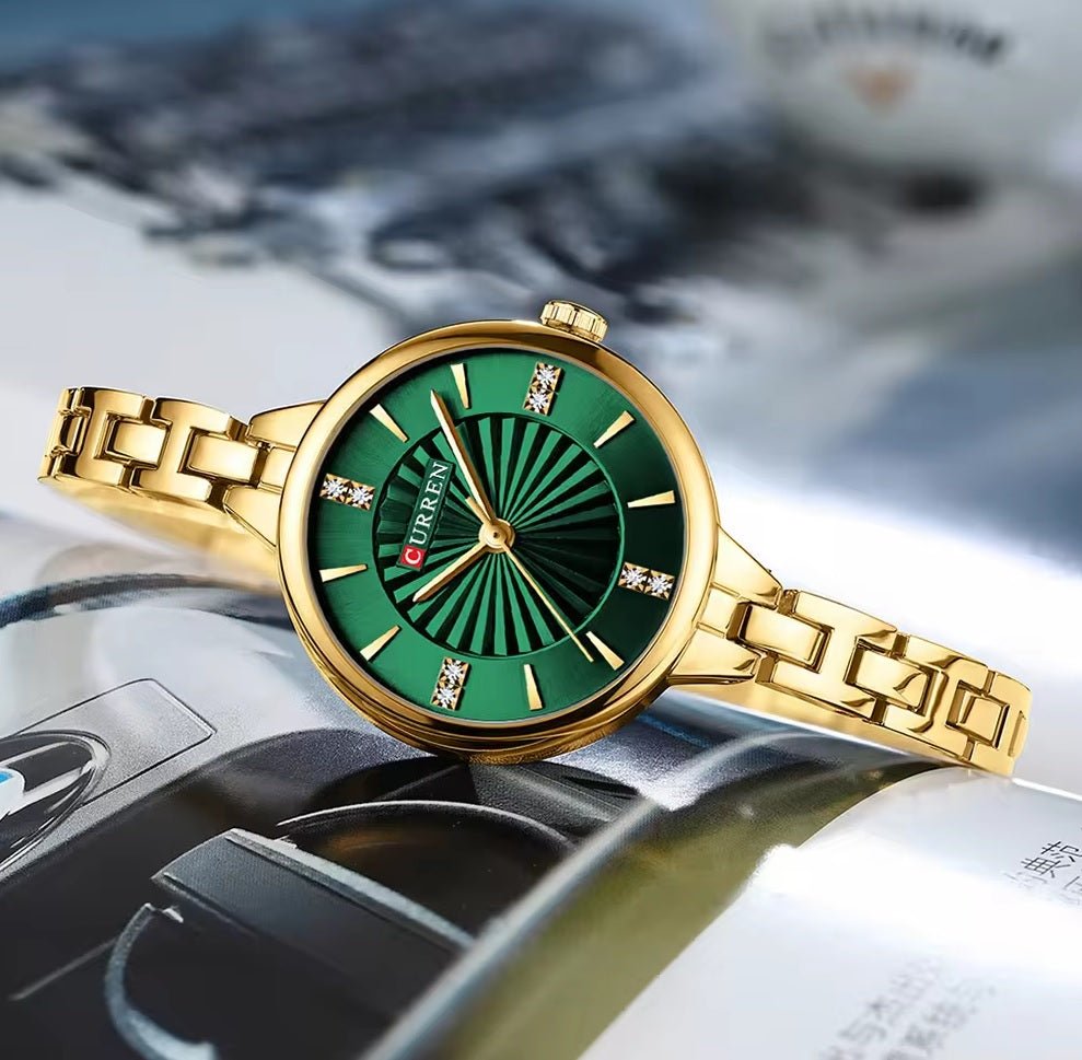 C-9097L Curren GREEN Dial GOLDEN Stainless Steel Chain Analog Quartz Women's fashion Watch. - Timecheck