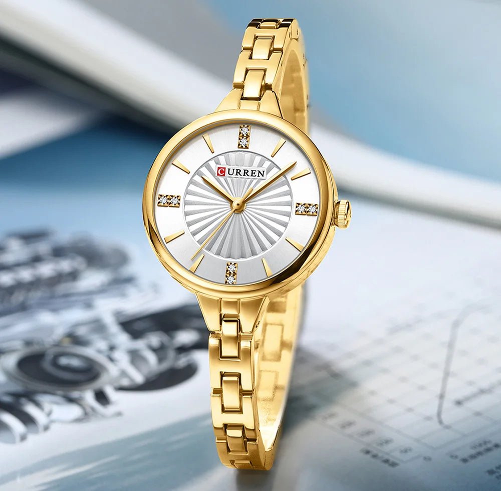 C-9097L Curren WHITE Dial GOLDEN Stainless Steel Chain Analog Quartz Women's fashion Watch. - Timecheck