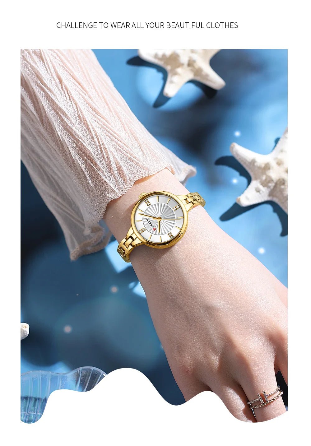 C-9097L Curren WHITE Dial GOLDEN Stainless Steel Chain Analog Quartz Women's fashion Watch. - Timecheck