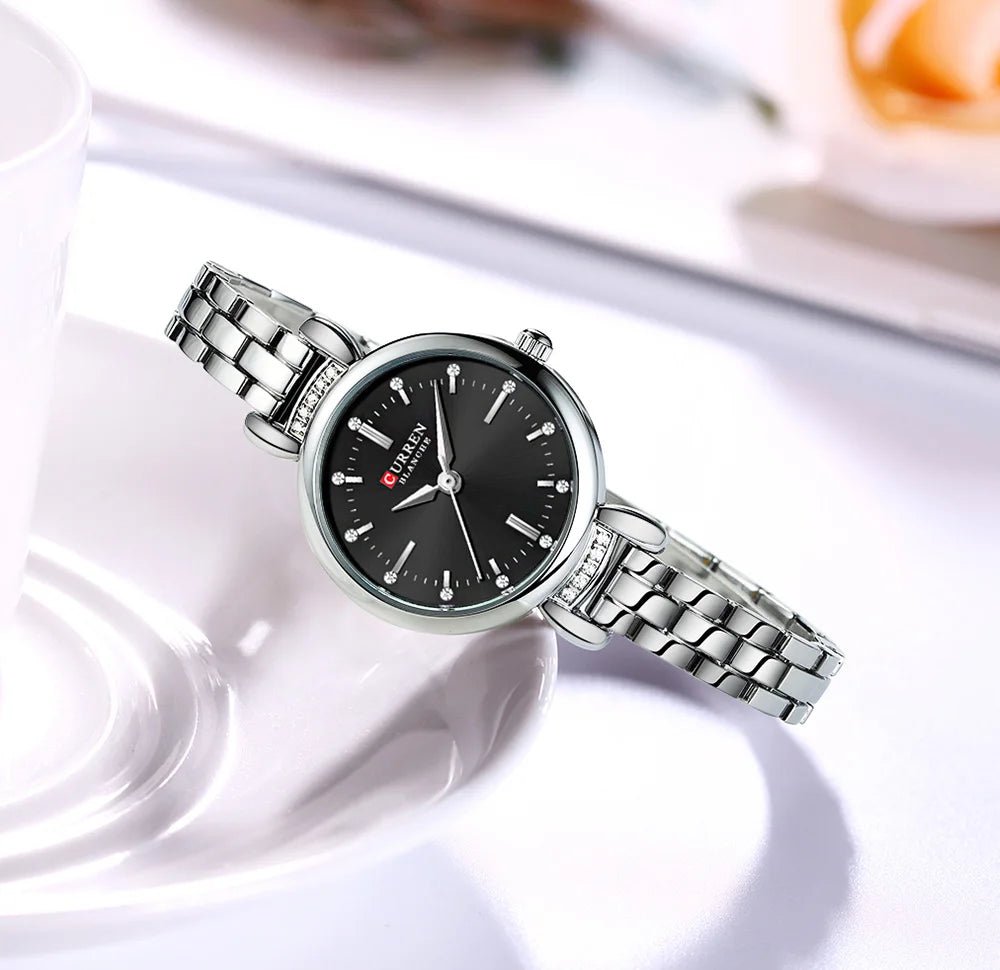 C-9098L Curren black Dial SILVER Stainless Steel Chain Analog Quartz Women's fashion Watch. - Timecheck