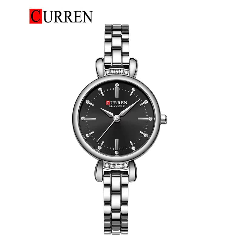 C-9098L Curren black Dial SILVER Stainless Steel Chain Analog Quartz Women's fashion Watch. - Timecheck