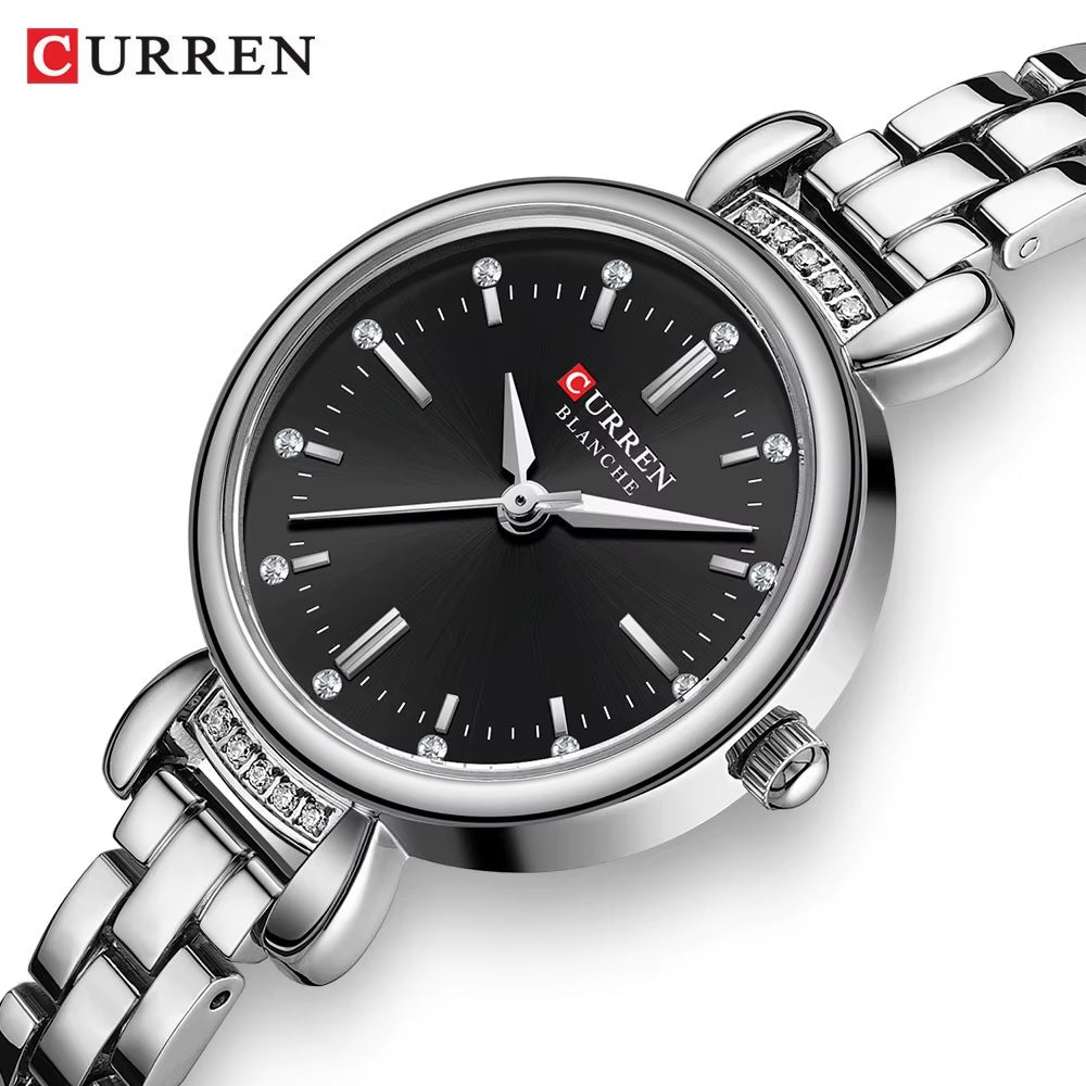 C-9098L Curren black Dial SILVER Stainless Steel Chain Analog Quartz Women's fashion Watch. - Timecheck