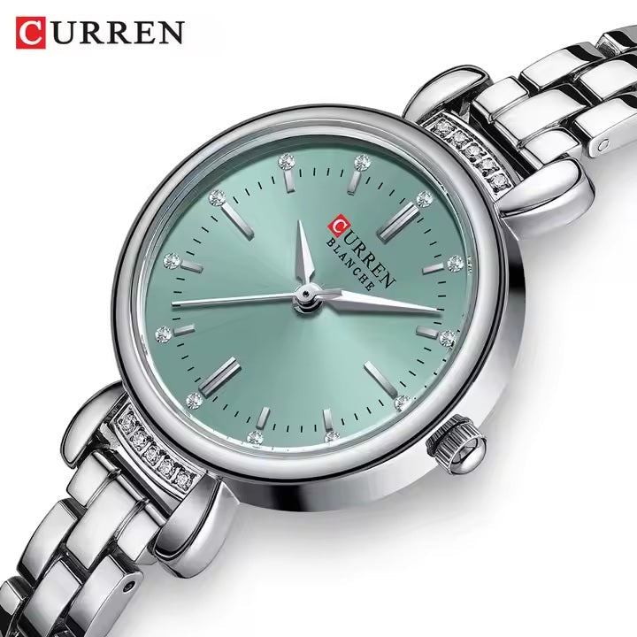 C-9098L Curren Sea Blue Dial SILVER Stainless Steel Chain Analog Quartz Women's fashion Watch. - Timecheck