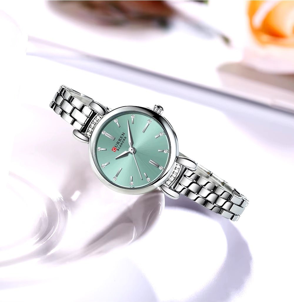 C-9098L Curren Sea Blue Dial SILVER Stainless Steel Chain Analog Quartz Women's fashion Watch. - Timecheck
