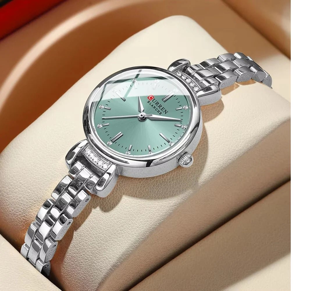 C-9098L Curren Sea Blue Dial SILVER Stainless Steel Chain Analog Quartz Women's fashion Watch. - Timecheck